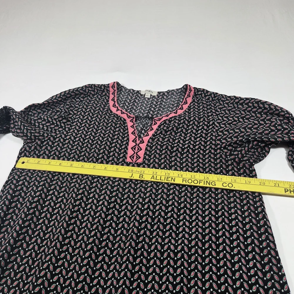 Umgee Boho Black Printed Dress Pink Trim Colorblock V Neck Embroidered Sleeves - Picture 13 of 16